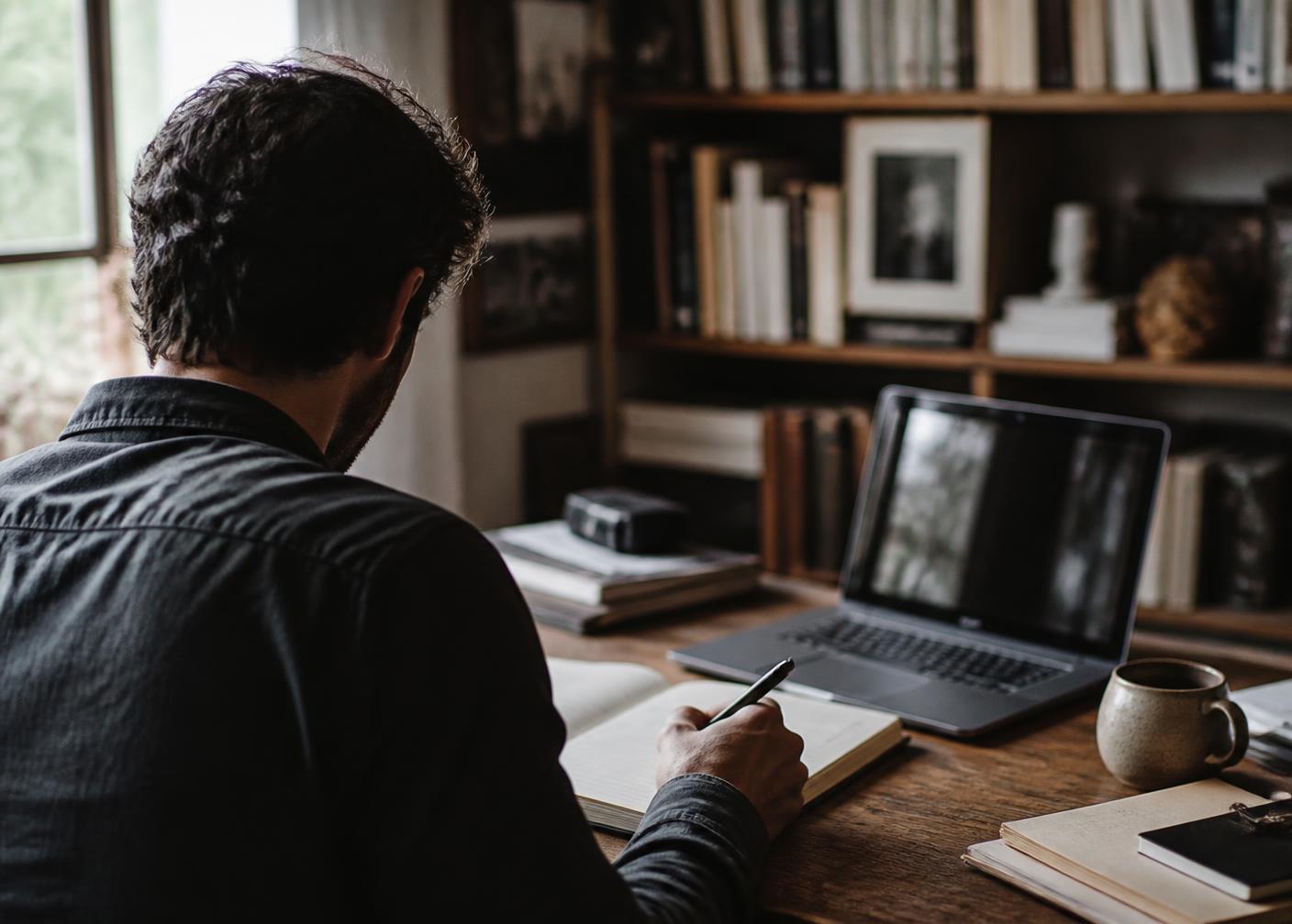 Author writing in a notebook beside a laptop in a book-lined home studio