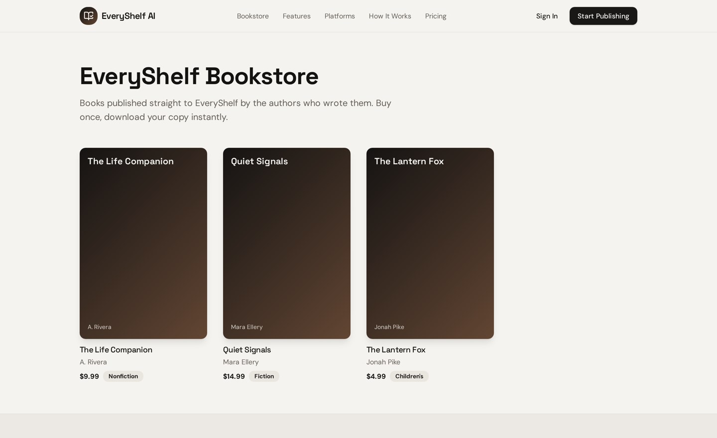 The Shelfs bookstore page showing three published books with covers, authors and prices